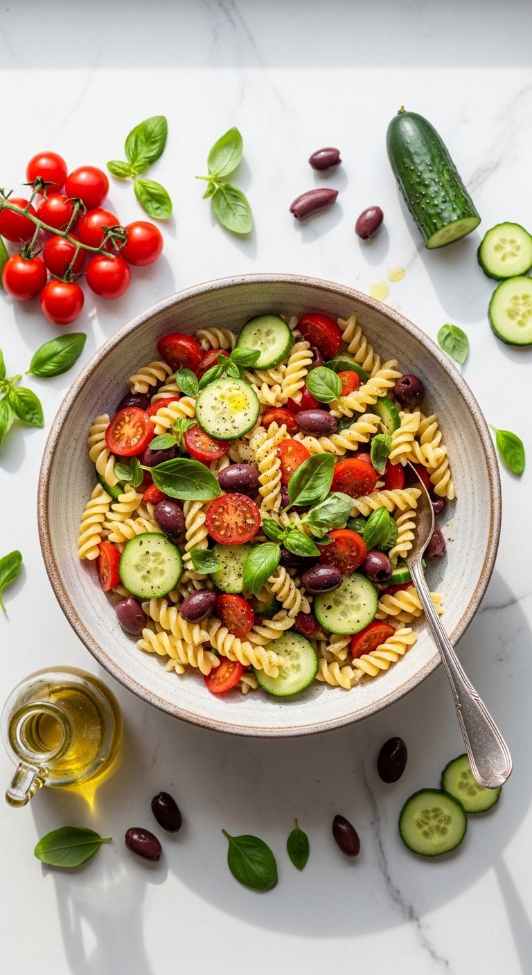A fresh and colorful pasta salad recipe served in a rustic ceramic bowl with cherry tomatoes cucumbers olives and fresh herbs drizzled with olive oil on a white marble surface.
