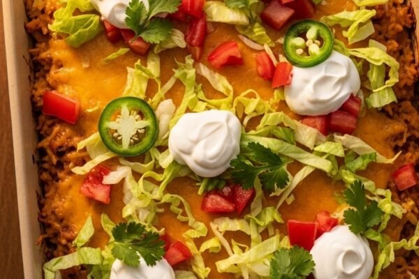 A perfectly baked taco rice casserole in a rustic ceramic dish topped with melted cheese fresh tomatoes shredded lettuce sour cream and cilantro on a wooden dining table with warm golden light.