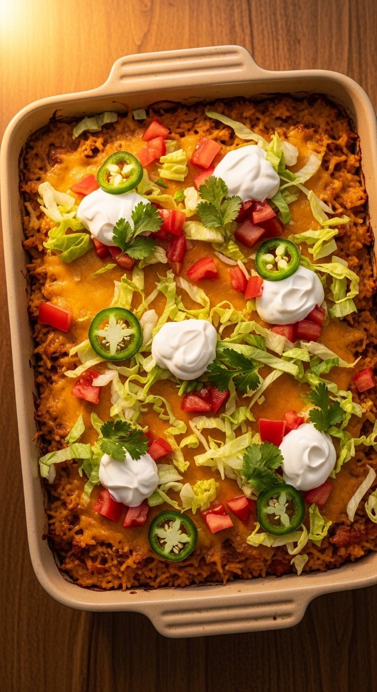 A perfectly baked taco rice casserole in a rustic ceramic dish topped with melted cheese fresh tomatoes shredded lettuce sour cream and cilantro on a wooden dining table with warm golden light.
