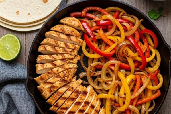 A perfect easy chicken fajita recipe spread on a rustic wooden table with sizzling grilled chicken strips colorful bell peppers onions warm tortillas guacamole sour cream and lime wedges in bright natural light.