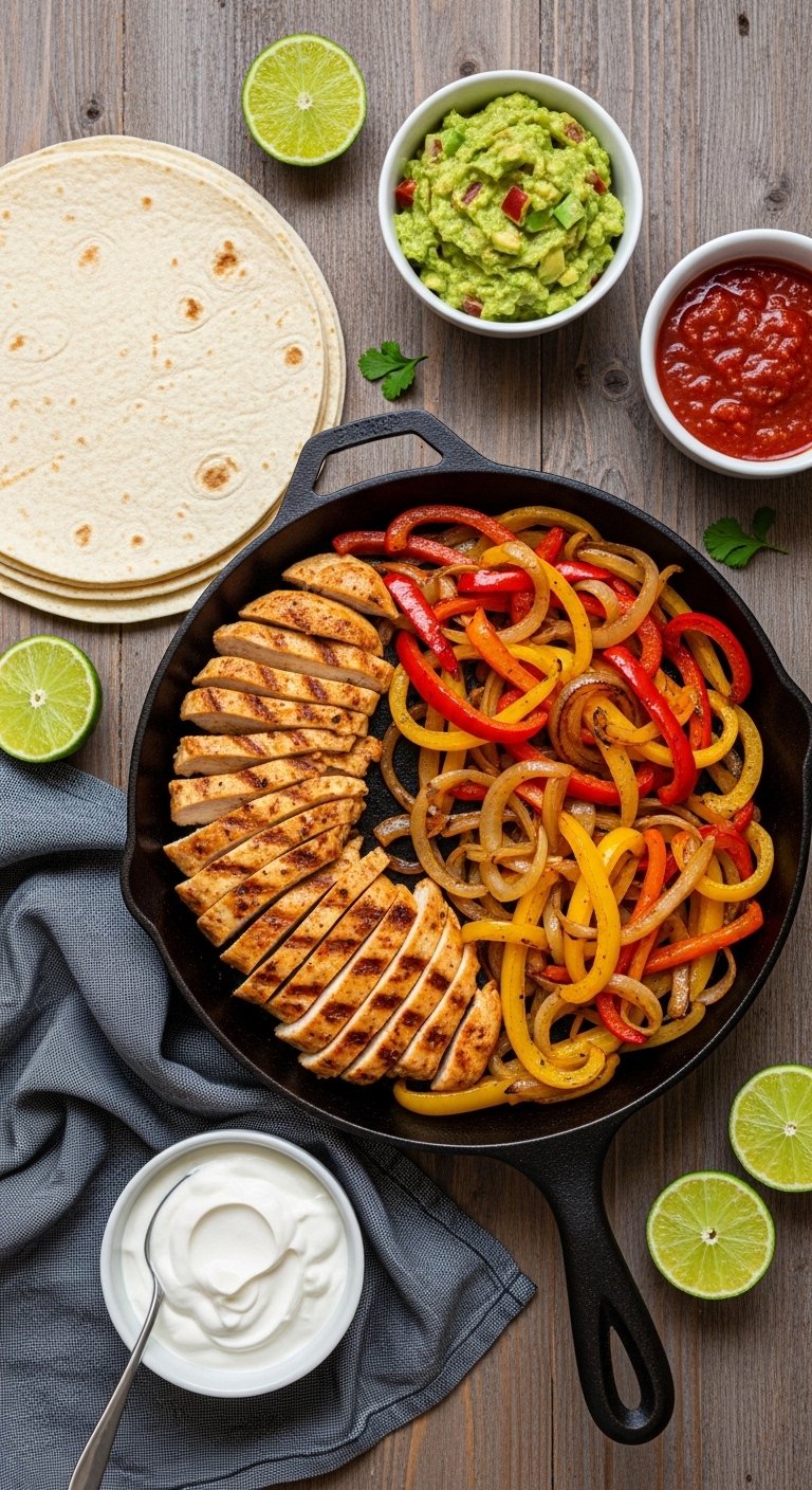 A perfect easy chicken fajita recipe spread on a rustic wooden table with sizzling grilled chicken strips colorful bell peppers onions warm tortillas guacamole sour cream and lime wedges in bright natural light.