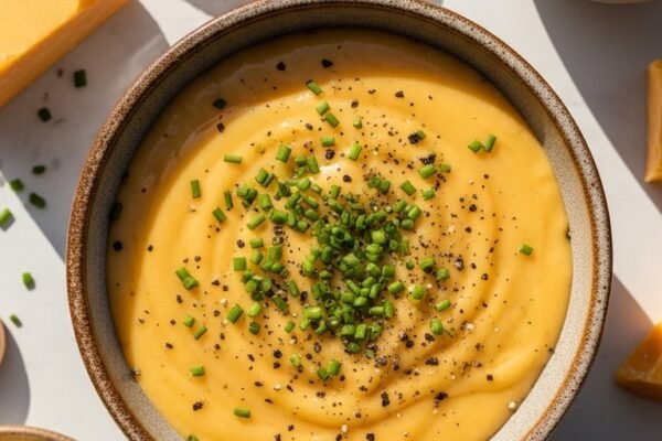A creamy and glossy cheese sauce recipe poured into a rustic ceramic bowl garnished with fresh chives and cracked black pepper surrounded by cheddar cheese butter and milk on a white marble surface.