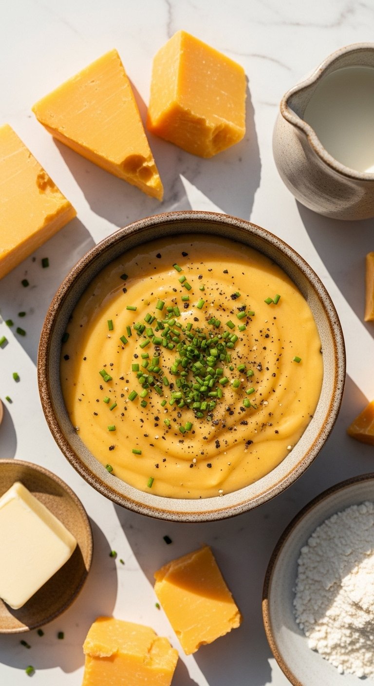 A creamy and glossy cheese sauce recipe poured into a rustic ceramic bowl garnished with fresh chives and cracked black pepper surrounded by cheddar cheese butter and milk on a white marble surface.