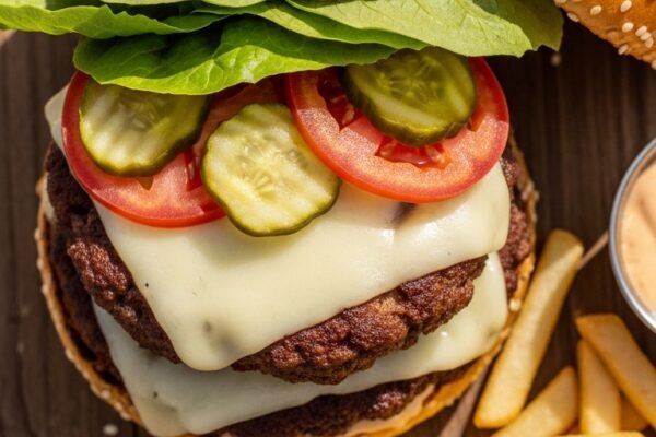A perfect smash burger recipe with two crispy thin patties melted american cheese lettuce tomato pickles and special sauce in a toasted potato bun on a rustic wooden board with fries beside it in bright natural light.