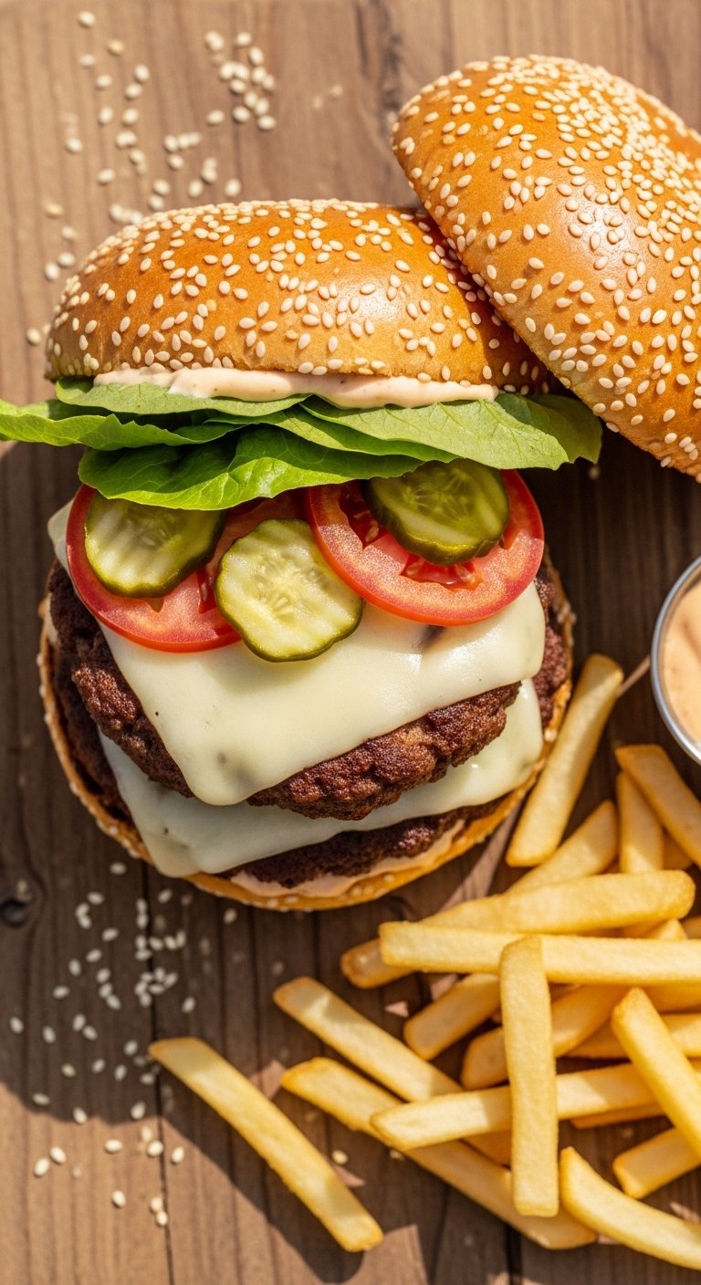 A perfect smash burger recipe with two crispy thin patties melted american cheese lettuce tomato pickles and special sauce in a toasted potato bun on a rustic wooden board with fries beside it in bright natural light.