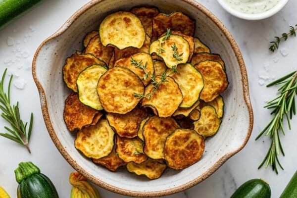 Perfectly crispy golden zucchini chips arranged in a rustic ceramic bowl on a white marble surface surrounded by fresh zucchinis sea salt and herbs with a small dipping sauce bowl in bright natural light.