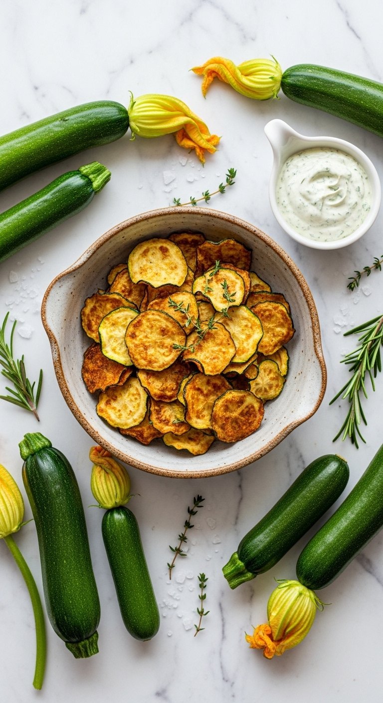Perfectly crispy golden zucchini chips arranged in a rustic ceramic bowl on a white marble surface surrounded by fresh zucchinis sea salt and herbs with a small dipping sauce bowl in bright natural light.