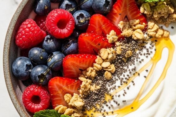 A beautifully arranged yogurt bowl with creamy greek yogurt topped with fresh mixed berries granola honey drizzle chia seeds and fresh mint in a rustic ceramic bowl on a white marble surface in bright natural light.