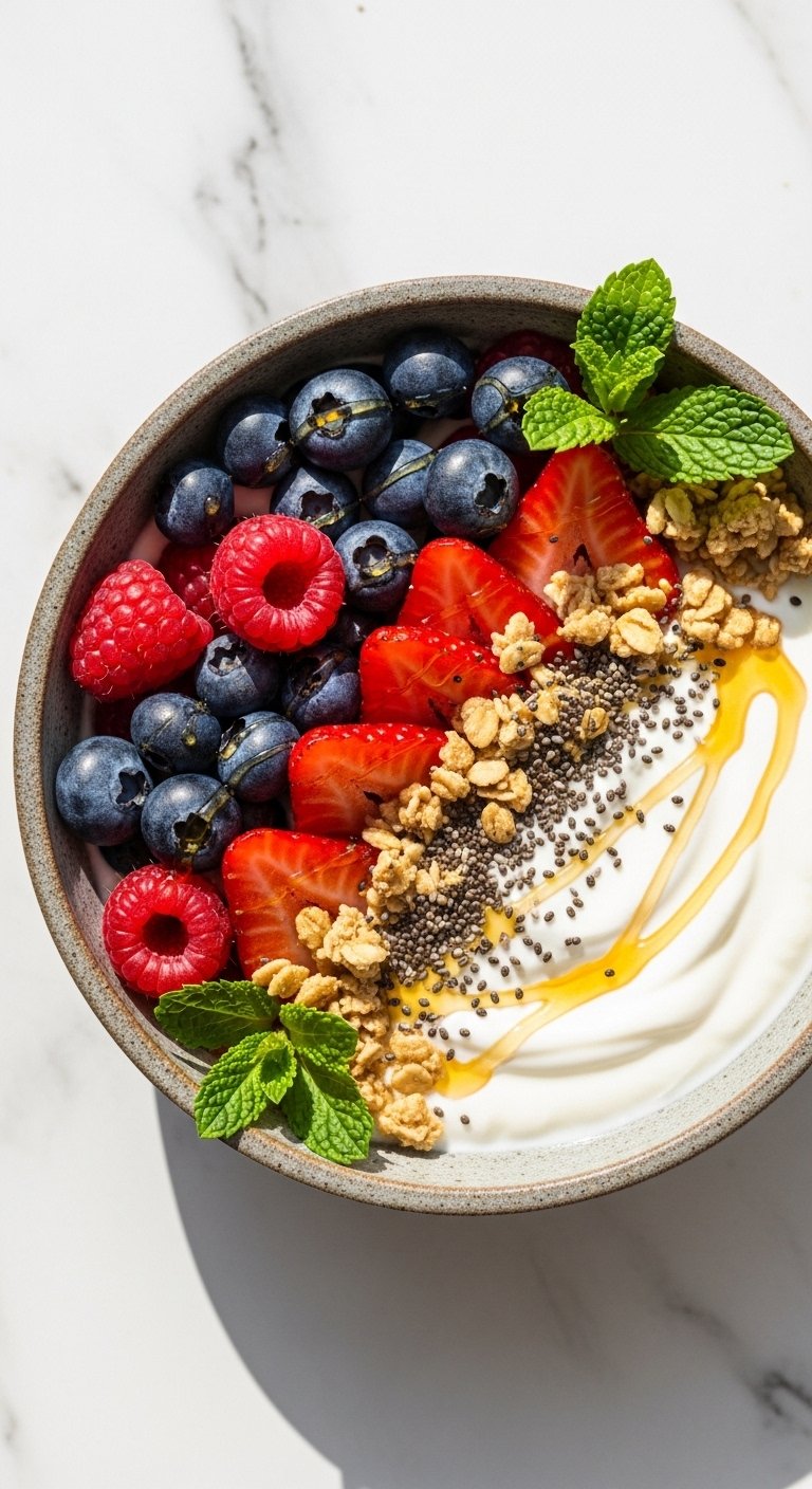 A beautifully arranged yogurt bowl with creamy greek yogurt topped with fresh mixed berries granola honey drizzle chia seeds and fresh mint in a rustic ceramic bowl on a white marble surface in bright natural light.