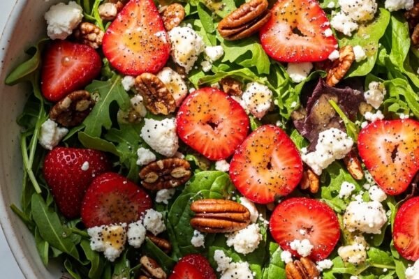 Fresh strawberry poppyseed salad in a white ceramic bowl with sliced strawberries, mixed greens, crumbled feta, candied pecans, and homemade poppyseed dressing, overhead view on marble background