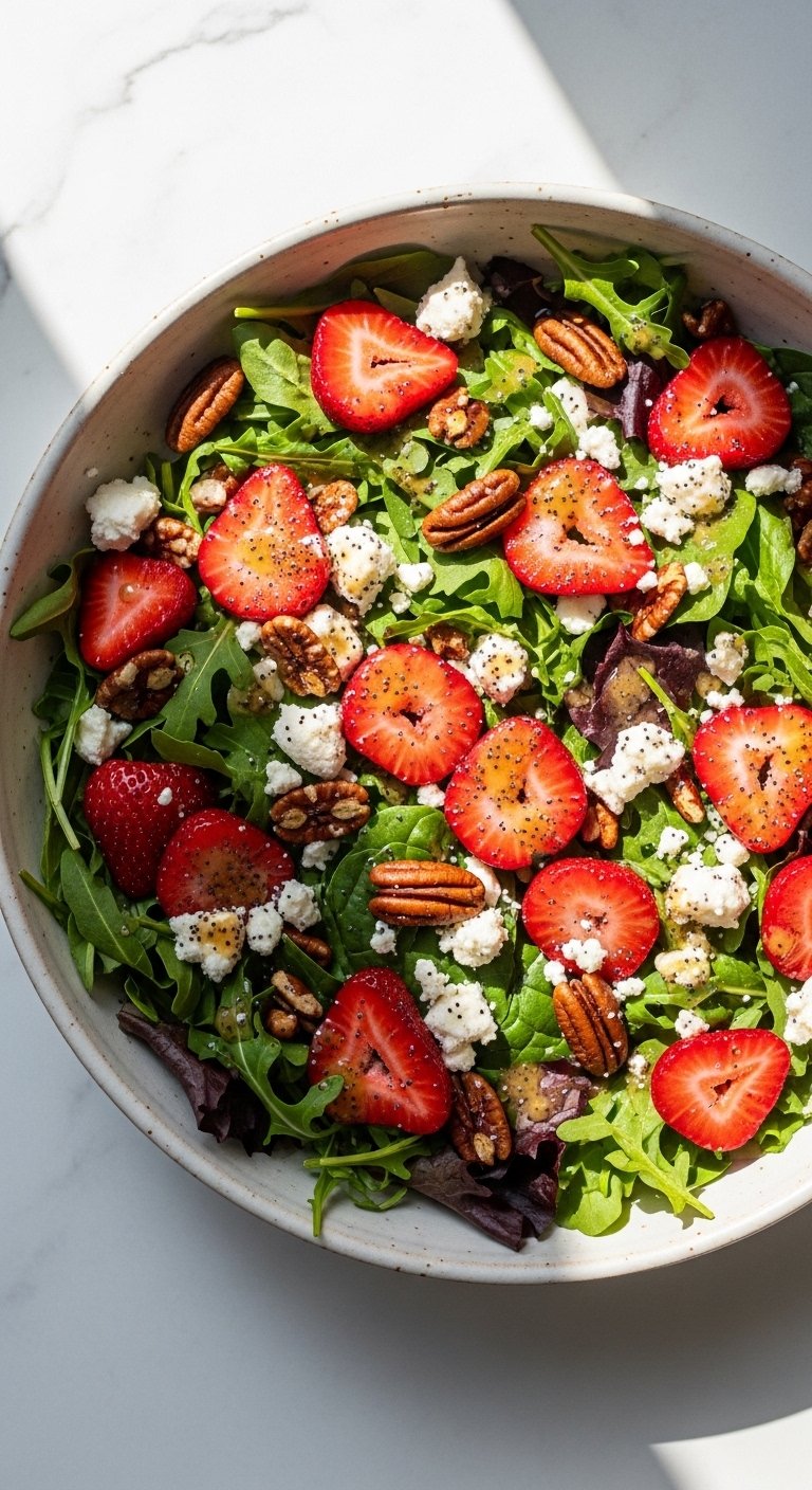 Fresh strawberry poppyseed salad in a white ceramic bowl with sliced strawberries, mixed greens, crumbled feta, candied pecans, and homemade poppyseed dressing, overhead view on marble background