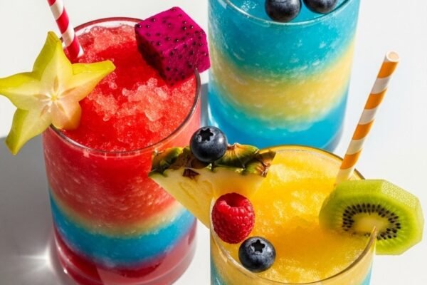 Colorful frozen slushies in tall clear glasses with crushed ice texture, paper straws and fruit garnishes on white marble surface in bright natural sunlight