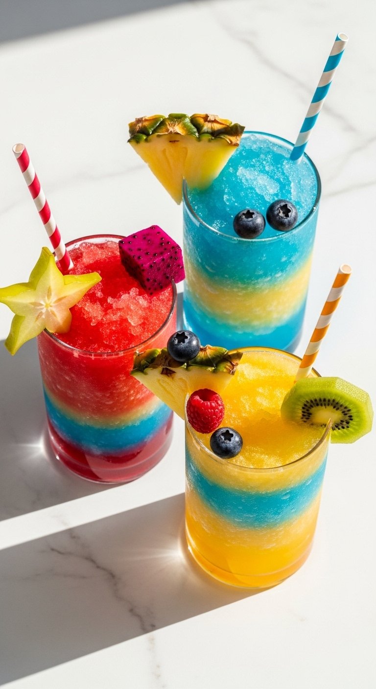 Colorful frozen slushies in tall clear glasses with crushed ice texture, paper straws and fruit garnishes on white marble surface in bright natural sunlight