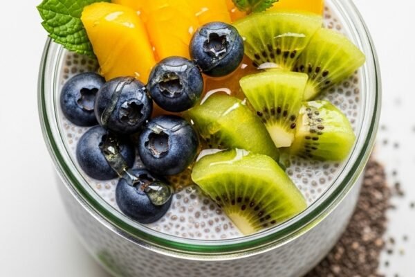 A perfect chia pudding recipe in a glass jar topped with fresh mango blueberries kiwi honey drizzle and mint leaves on a white marble surface surrounded by scattered chia seeds in bright natural light.