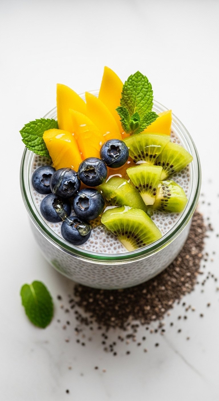A perfect chia pudding recipe in a glass jar topped with fresh mango blueberries kiwi honey drizzle and mint leaves on a white marble surface surrounded by scattered chia seeds in bright natural light.