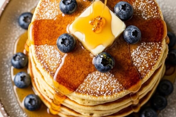 : A perfect stack of ultra fluffy pancakes recipe with golden thick pancakes topped with melting butter maple syrup fresh blueberries and powdered sugar on a rustic ceramic plate on a white marble surface in bright natural morning light.