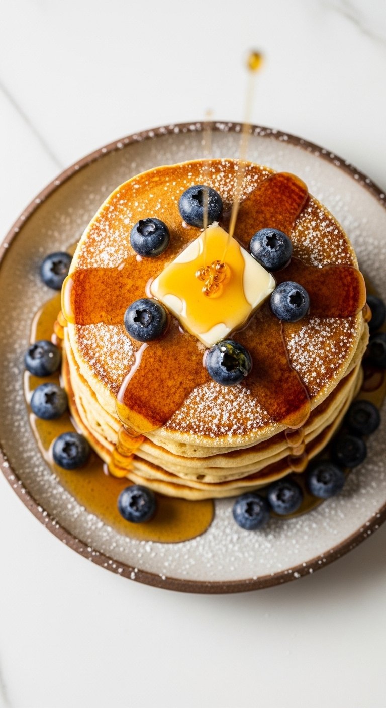 : A perfect stack of ultra fluffy pancakes recipe with golden thick pancakes topped with melting butter maple syrup fresh blueberries and powdered sugar on a rustic ceramic plate on a white marble surface in bright natural morning light.