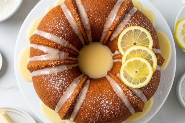 A perfect golden bundt cake recipe on a white cake stand drizzled with lemon glaze and garnished with fresh lemon slices and powdered sugar on a white marble surface surrounded by baking ingredients in bright natural light.