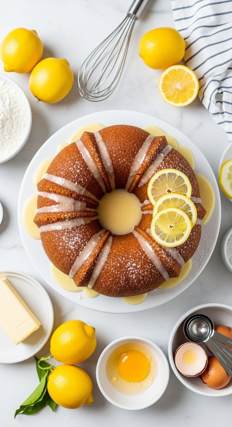 A perfect golden bundt cake recipe on a white cake stand drizzled with lemon glaze and garnished with fresh lemon slices and powdered sugar on a white marble surface surrounded by baking ingredients in bright natural light.