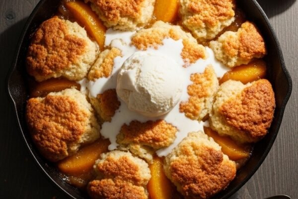 Freshly baked peach cobbler in a rustic cast iron skillet with golden brown biscuit topping and bubbling caramelized peach filling topped with melting vanilla ice cream on a dark wooden table