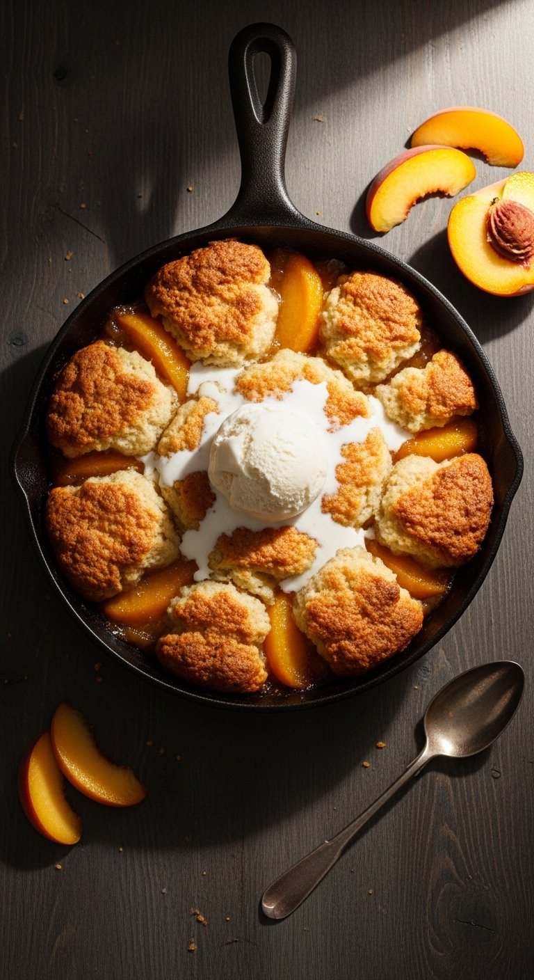 Freshly baked peach cobbler in a rustic cast iron skillet with golden brown biscuit topping and bubbling caramelized peach filling topped with melting vanilla ice cream on a dark wooden table