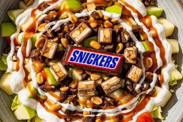 A perfect snicker apple salad recipe in a large rustic ceramic bowl with creamy white dressing chopped green and red apples snickers pieces caramel drizzle and peanuts on a white marble surface surrounded by whole snickers bars and fresh apples in bright natural light.
