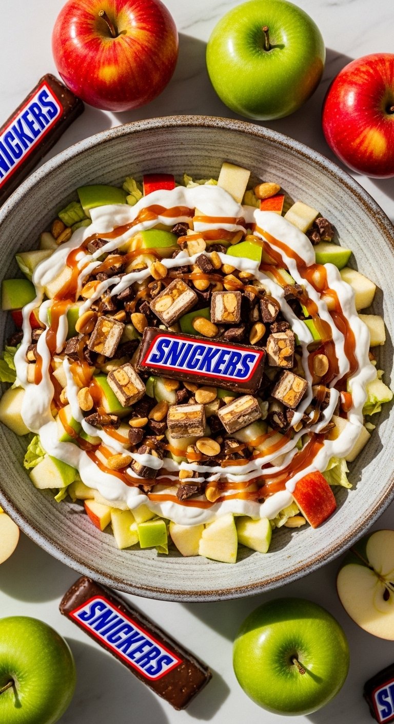 A perfect snicker apple salad recipe in a large rustic ceramic bowl with creamy white dressing chopped green and red apples snickers pieces caramel drizzle and peanuts on a white marble surface surrounded by whole snickers bars and fresh apples in bright natural light.