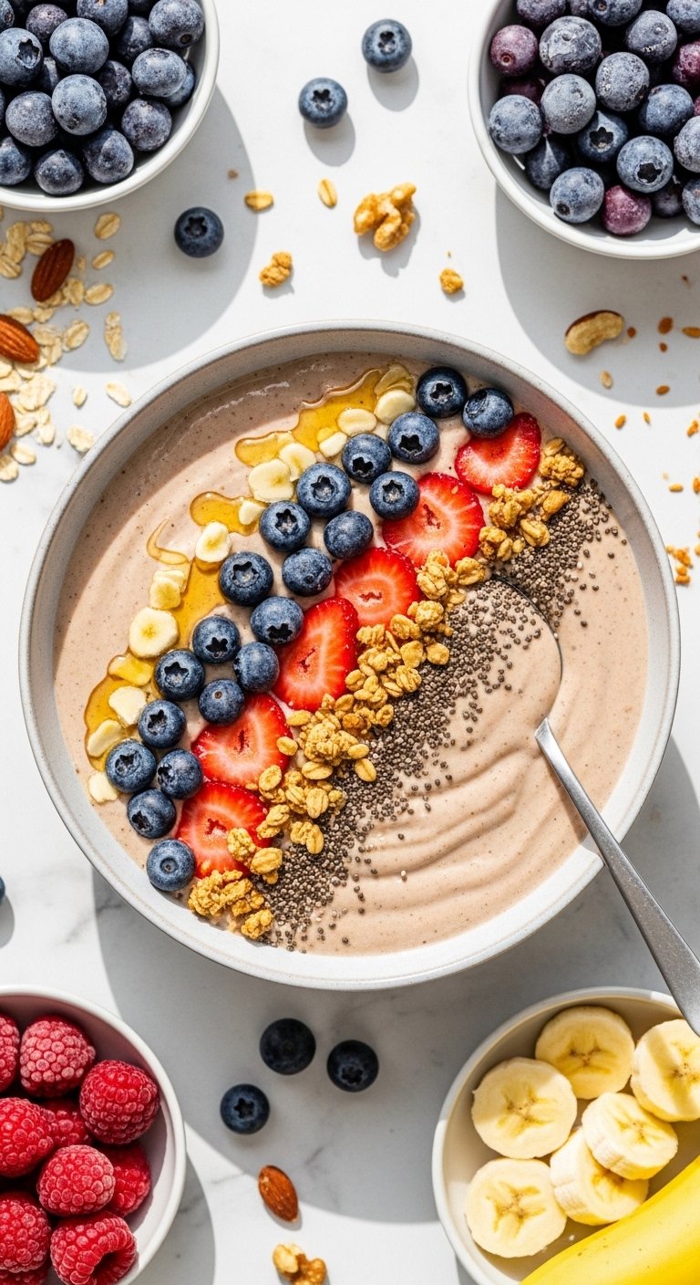 A perfect thick smoothie recipe in a wide ceramic bowl with creamy spoonable texture topped with fresh blueberries sliced strawberries granola honey drizzle and chia seeds on a white marble surface surrounded by frozen fruits in bright natural light.