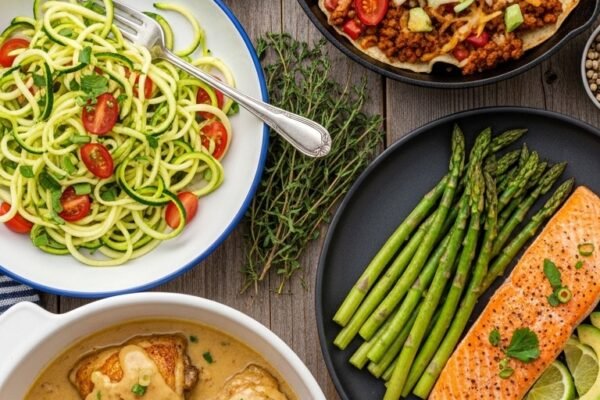 A perfect keto dinner recipe spread on a rustic wooden table featuring garlic butter chicken zucchini noodles salmon with asparagus and taco skillet with fresh herbs butter and low carb vegetables in bright natural light.