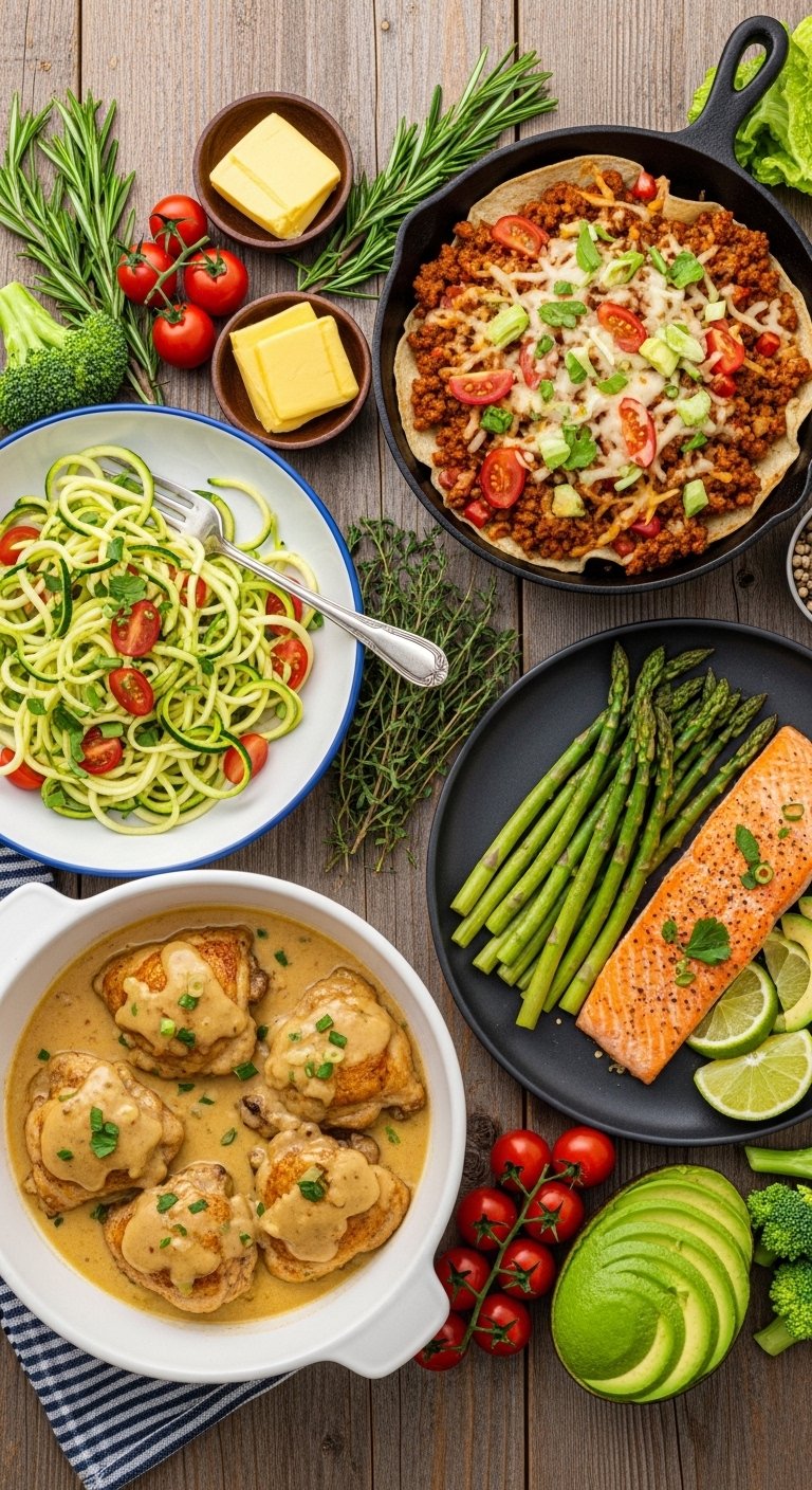 A perfect keto dinner recipe spread on a rustic wooden table featuring garlic butter chicken zucchini noodles salmon with asparagus and taco skillet with fresh herbs butter and low carb vegetables in bright natural light.