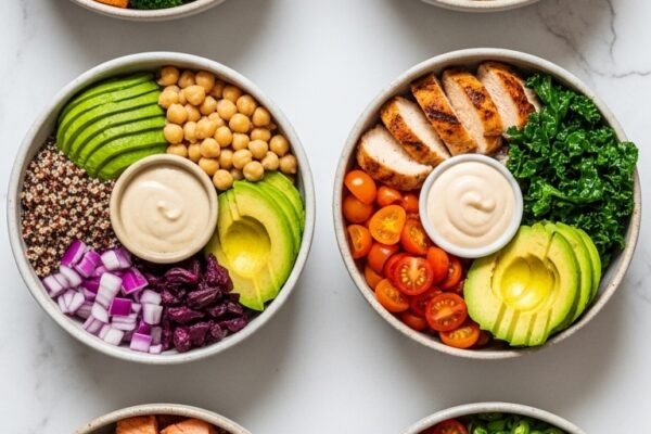Eight colorful protein bowls filled with diverse ingredients including grains vegetables and proteins arranged in two rows on white marble surface in bright natural daylight