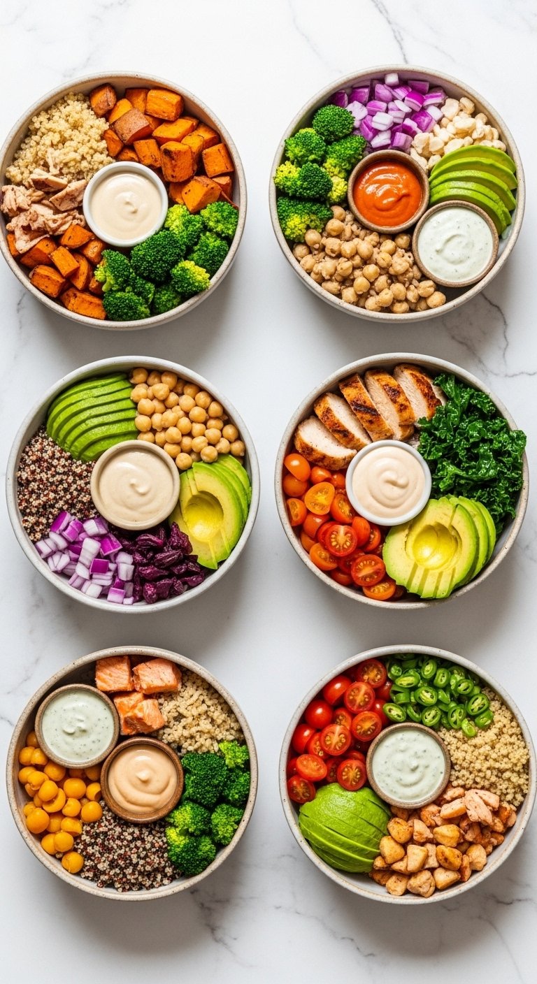 Eight colorful protein bowls filled with diverse ingredients including grains vegetables and proteins arranged in two rows on white marble surface in bright natural daylight