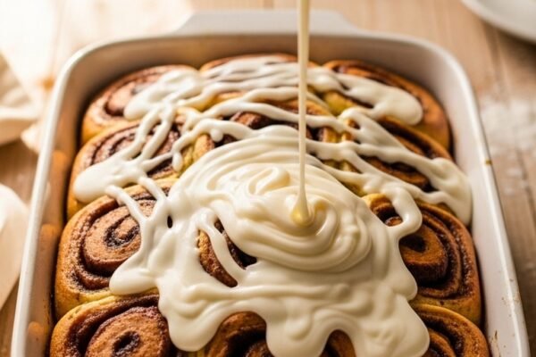 A freshly baked cinnamon roll cake in a white ceramic baking dish with deep golden cinnamon swirls across the top, thick cream cheese glaze being drizzled over in warm morning kitchen light, representing the ultimate gooey cinnamon roll cake recipe perfect for breakfast.