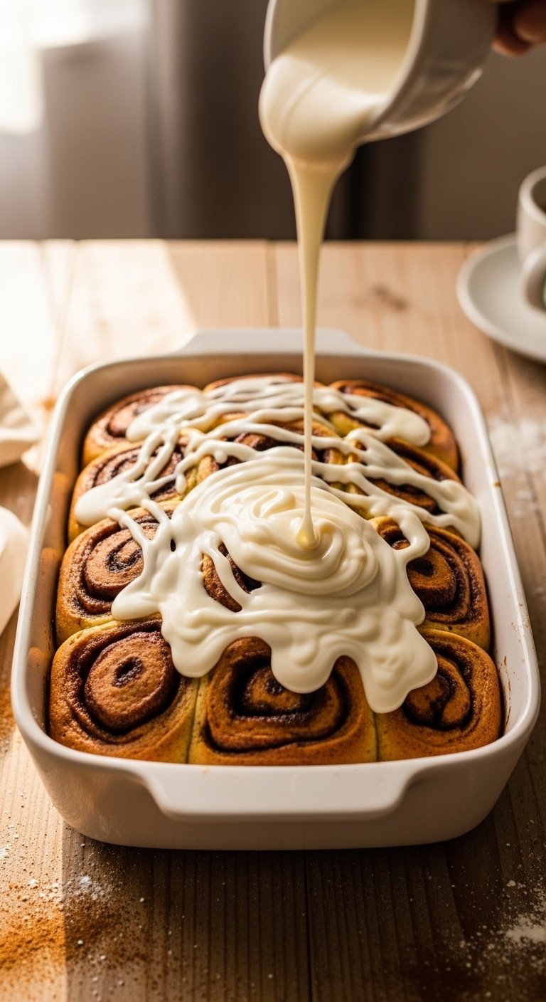 A freshly baked cinnamon roll cake in a white ceramic baking dish with deep golden cinnamon swirls across the top, thick cream cheese glaze being drizzled over in warm morning kitchen light, representing the ultimate gooey cinnamon roll cake recipe perfect for breakfast.
