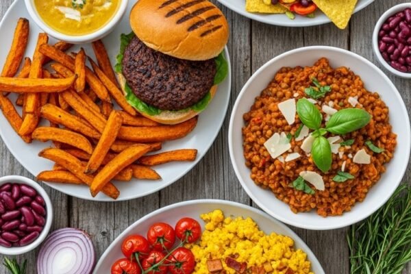 A perfect easy vegan dinner spread on a rustic wooden table featuring a black bean burger creamy coconut curry lentil bolognese loaded nachos and tofu scramble with fresh herbs and colorful vegetables in bright natural light.