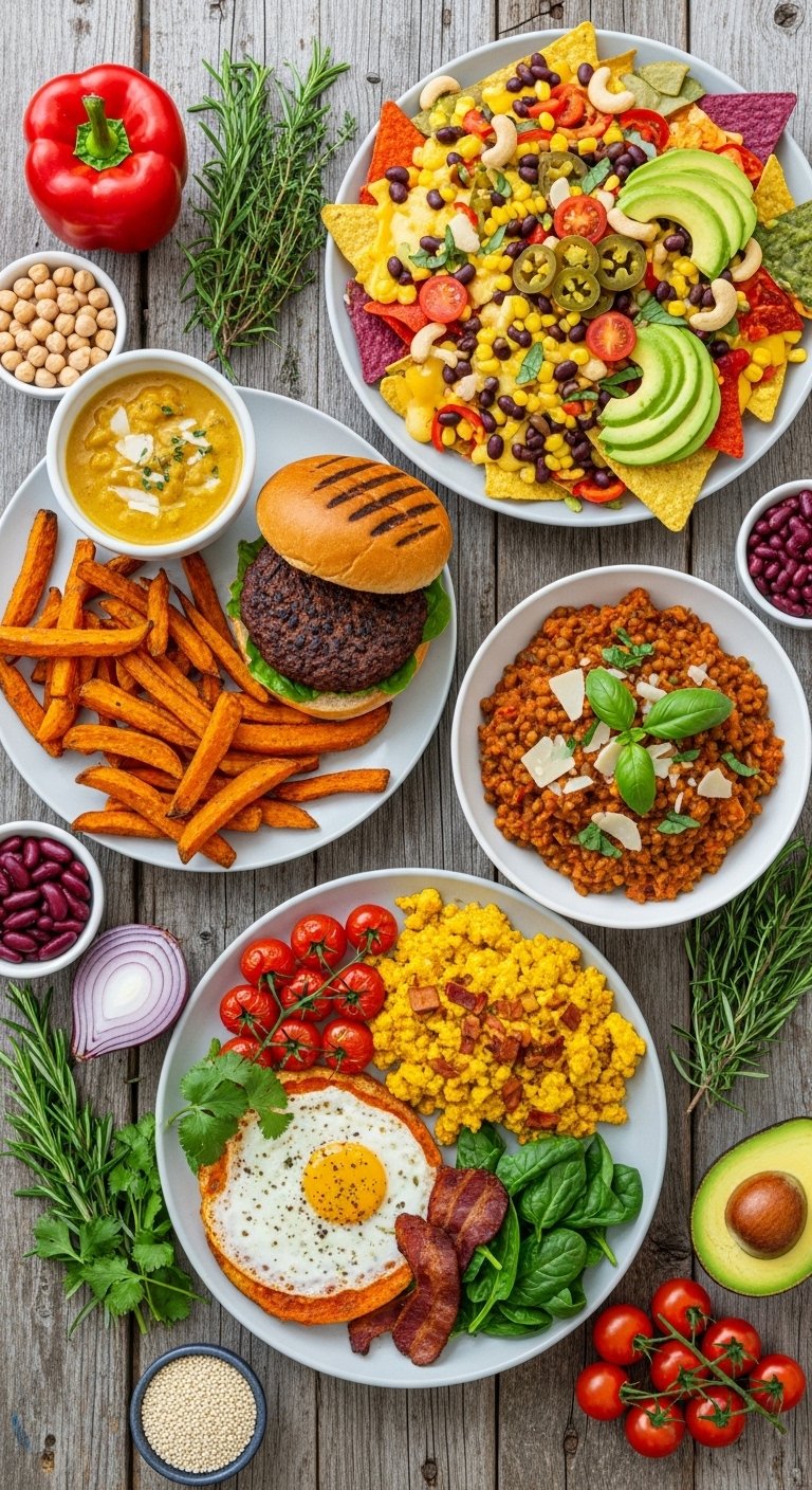 A perfect easy vegan dinner spread on a rustic wooden table featuring a black bean burger creamy coconut curry lentil bolognese loaded nachos and tofu scramble with fresh herbs and colorful vegetables in bright natural light.