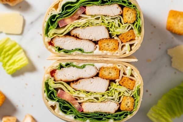 : A perfect chicken caesar wrap cut diagonally showing grilled chicken crispy romaine shaved parmesan croutons and creamy caesar dressing inside a golden toasted tortilla on a white marble surface with ingredients scattered around in bright natural light.
