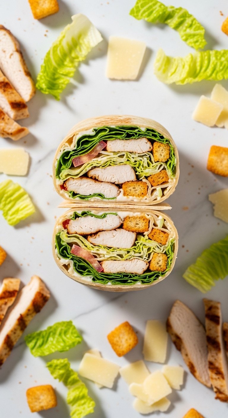 : A perfect chicken caesar wrap cut diagonally showing grilled chicken crispy romaine shaved parmesan croutons and creamy caesar dressing inside a golden toasted tortilla on a white marble surface with ingredients scattered around in bright natural light.