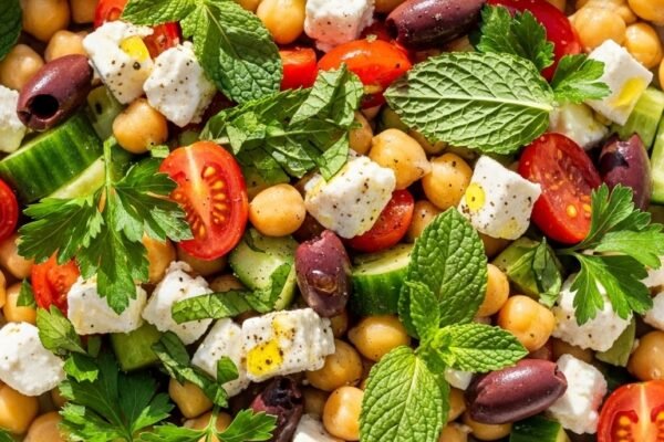 Vibrant Mediterranean chickpea salad in a large white ceramic bowl with golden chickpeas, diced cucumber, cherry tomatoes, kalamata olives, crumbled feta and fresh herbs drizzled with olive oil on white marble in bright natural light