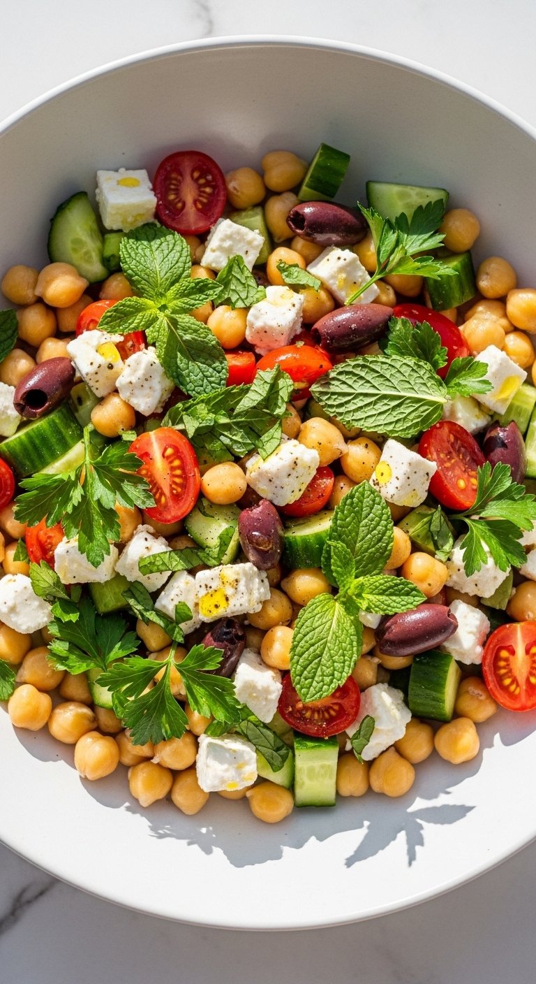 Vibrant Mediterranean chickpea salad in a large white ceramic bowl with golden chickpeas, diced cucumber, cherry tomatoes, kalamata olives, crumbled feta and fresh herbs drizzled with olive oil on white marble in bright natural light