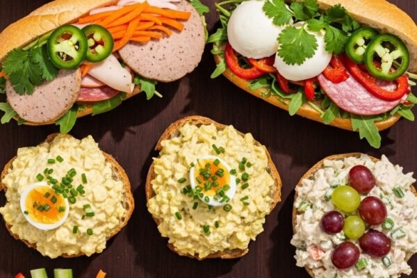 colorful cold sandwiches including Italian sub, smoked salmon, banh mi, and pesto mozzarella arranged on a large dark wooden board in bright natural daylight Cold Sandwich Recipes