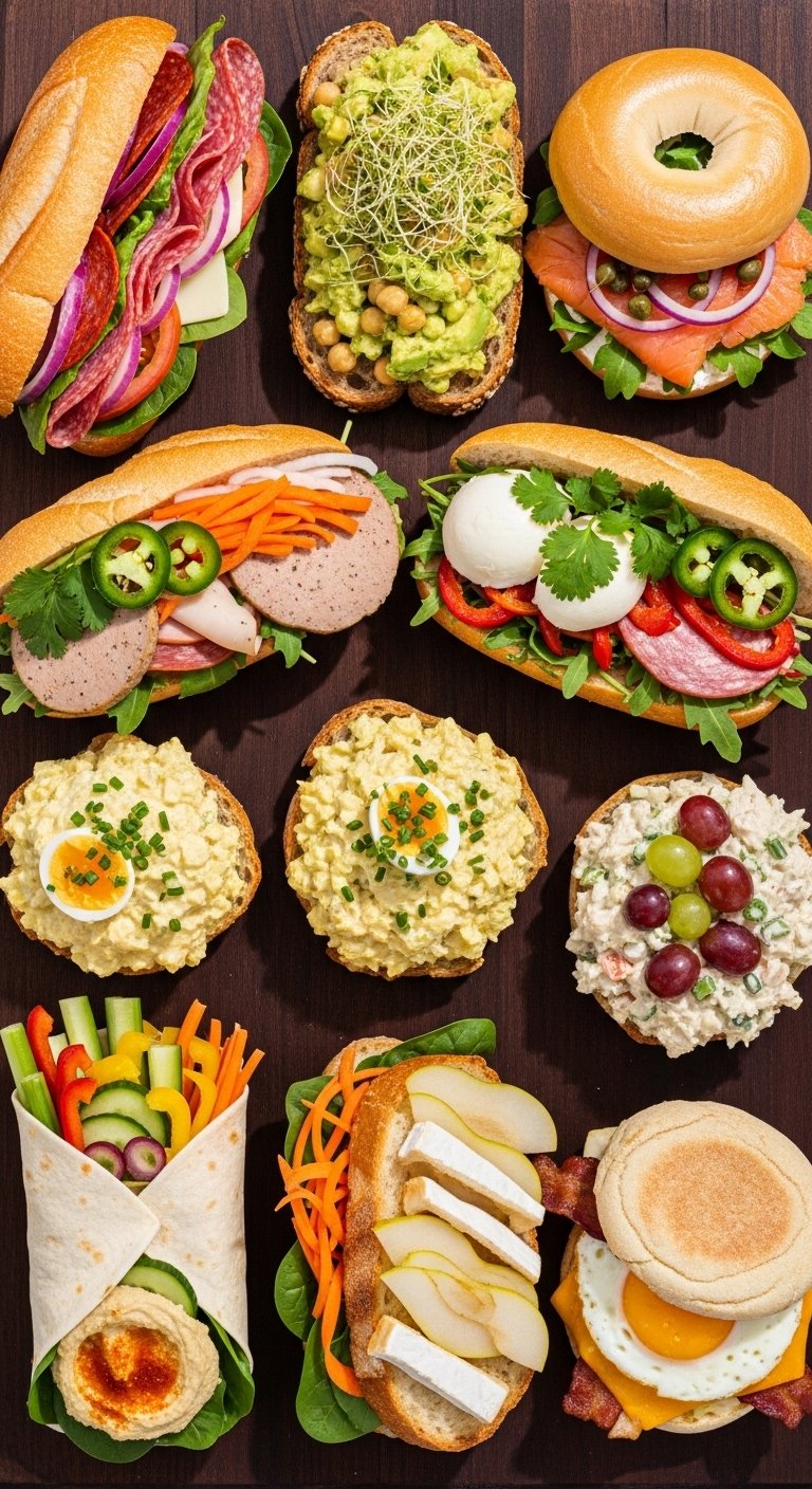 colorful cold sandwiches including Italian sub, smoked salmon, banh mi, and pesto mozzarella arranged on a large dark wooden board in bright natural daylight Cold Sandwich Recipes