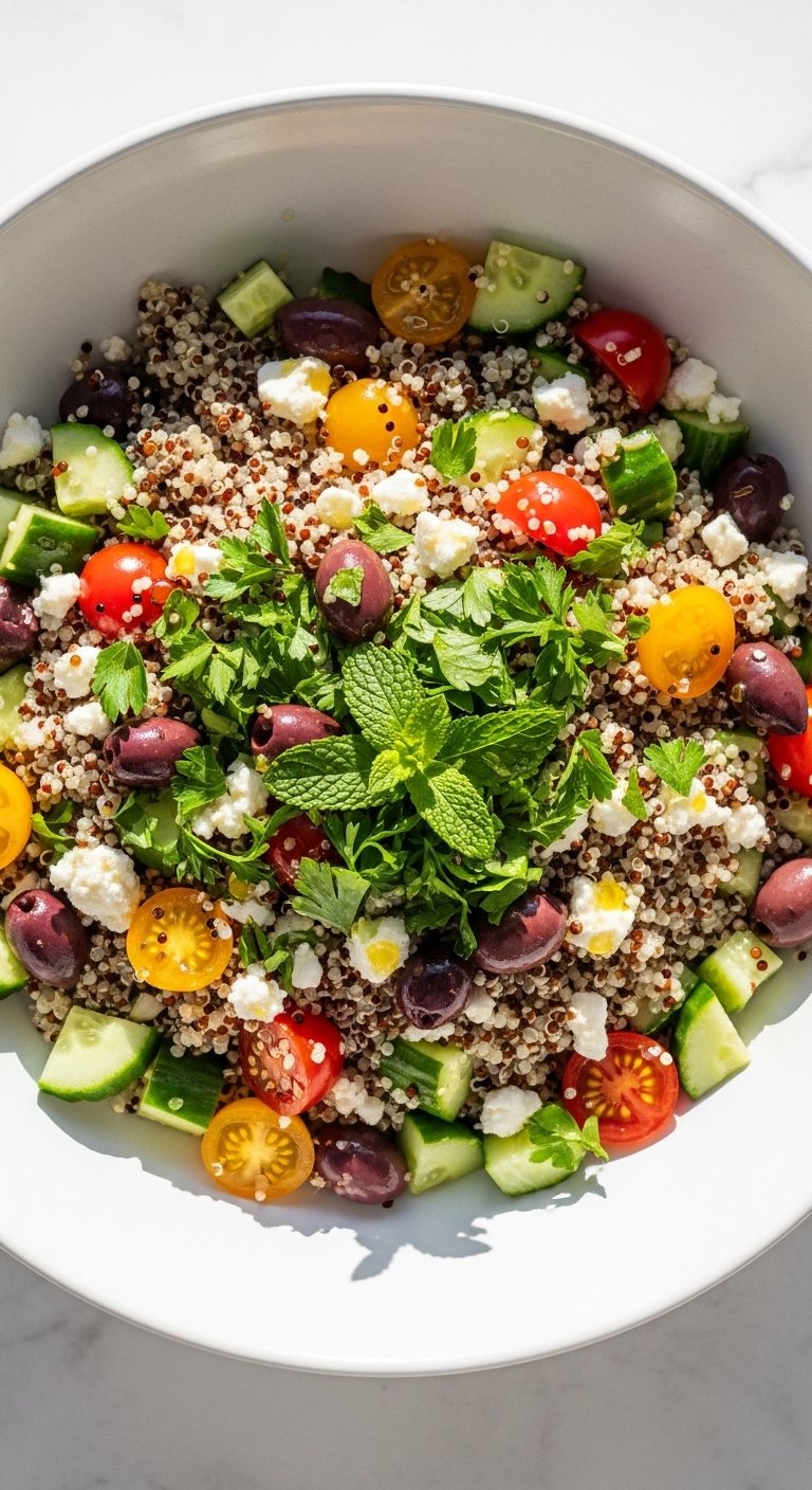 Vibrant quinoa salad in a large white ceramic bowl with fluffy quinoa grains, diced cucumber, cherry tomatoes, kalamata olives, crumbled feta and fresh herbs with golden olive oil drizzle on white marble in bright natural light