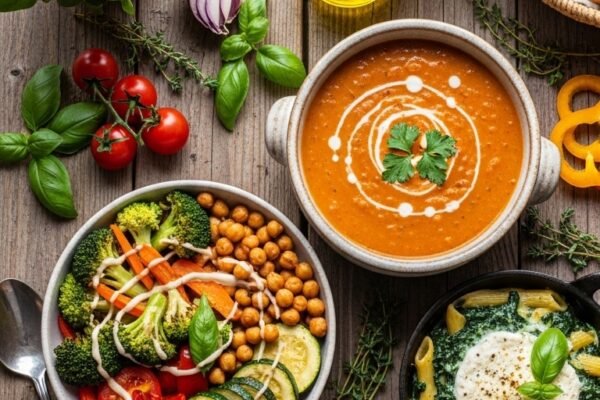 : A perfect easy vegetarian dinner spread on a rustic wooden table featuring creamy tomato lentil soup roasted veggie chickpea bowl with tahini and spinach ricotta pasta bake with fresh herbs and colorful vegetables in bright natural light.