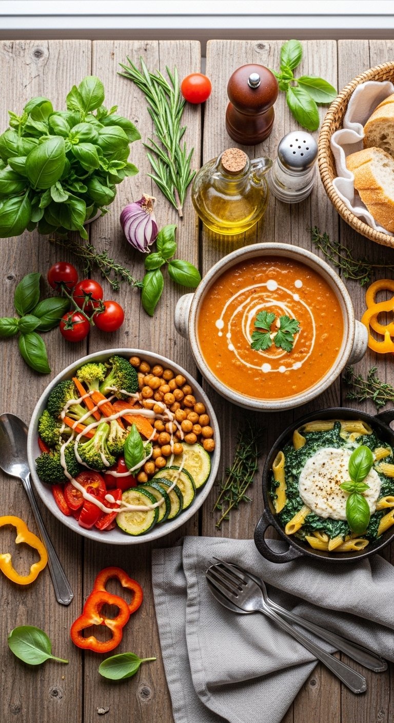 : A perfect easy vegetarian dinner spread on a rustic wooden table featuring creamy tomato lentil soup roasted veggie chickpea bowl with tahini and spinach ricotta pasta bake with fresh herbs and colorful vegetables in bright natural light.