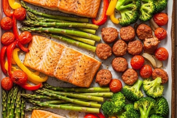 A perfect sheet pan recipe spread showing a large baking sheet filled with golden roasted salmon asparagus colorful bell peppers sausage broccoli and cherry tomatoes caramelized on parchment paper on a rustic wooden surface in bright natural light.