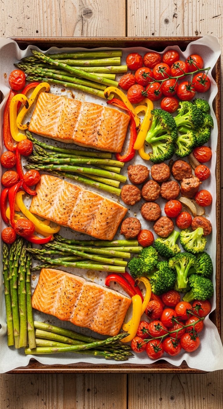 A perfect sheet pan recipe spread showing a large baking sheet filled with golden roasted salmon asparagus colorful bell peppers sausage broccoli and cherry tomatoes caramelized on parchment paper on a rustic wooden surface in bright natural light.
