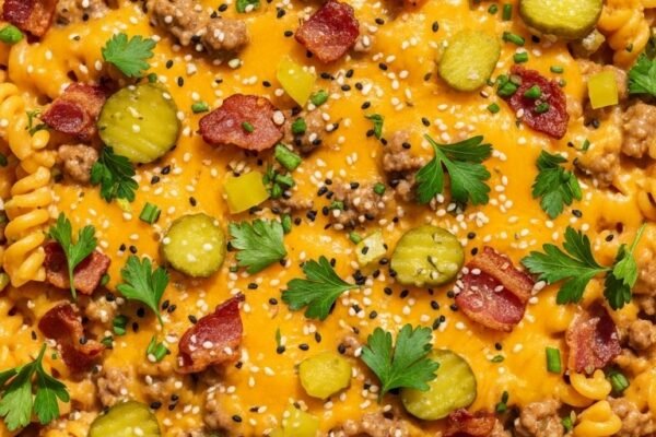 A perfect bacon cheeseburger pasta in a large cast iron skillet with creamy cheese sauce ground beef crispy bacon bits rotini pasta melted cheddar garnished with fresh parsley diced pickles and sesame seeds on a rustic wooden surface in bright natural light.