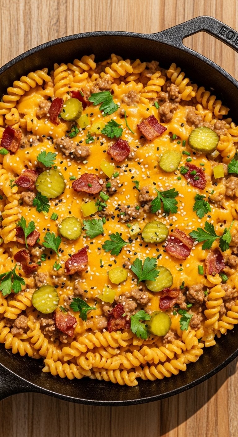 A perfect bacon cheeseburger pasta in a large cast iron skillet with creamy cheese sauce ground beef crispy bacon bits rotini pasta melted cheddar garnished with fresh parsley diced pickles and sesame seeds on a rustic wooden surface in bright natural light.