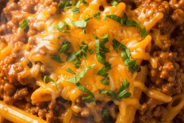 A rustic ceramic bowl filled with creamy hamburger pasta topped with melted cheddar cheese and fresh parsley, photographed overhead in warm kitchen light, representing the ultimate collection of delicious hamburger pasta recipes perfect for weeknight comfort food dinners.